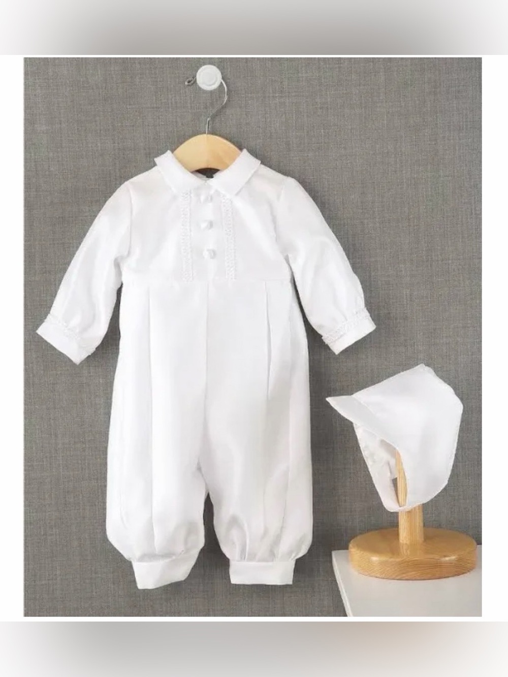 Lauren Madison Baby Boys Full-Length Christening Romper with Matching Hat